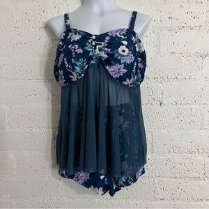 Shein Womens Swimsuit 3XL Blue Floral Sheer Overlay Shorts Removable Cups F1